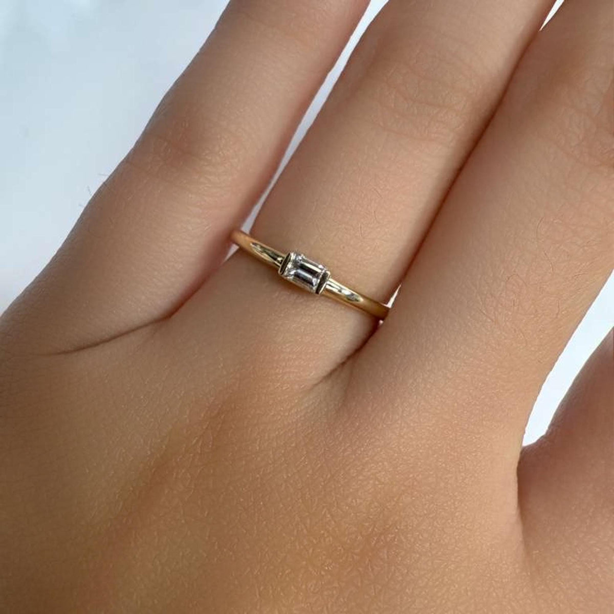 Baguette Lab Grown Diamond Ring: 14k Gold Half Bezel Band (0.10Ct)