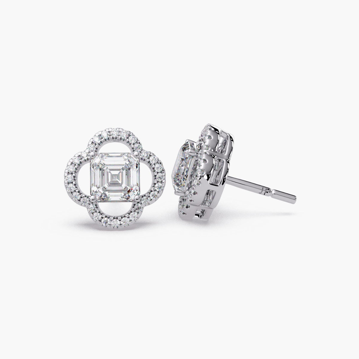 asscher cut diamond clover stud earrings/14k gold floral halo diamond studs/lab grown diamond flower earrings/IGI certified asscher diamond studs