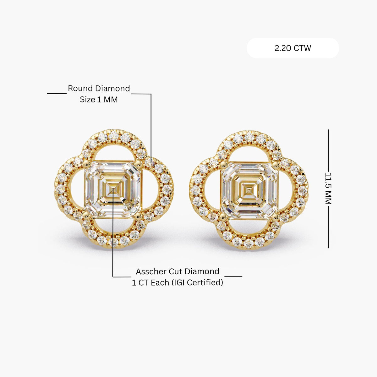 2 carat asscher diamond earrings/clover shape diamond studs/14k yellow gold diamond earrings/pushback floral diamond studs