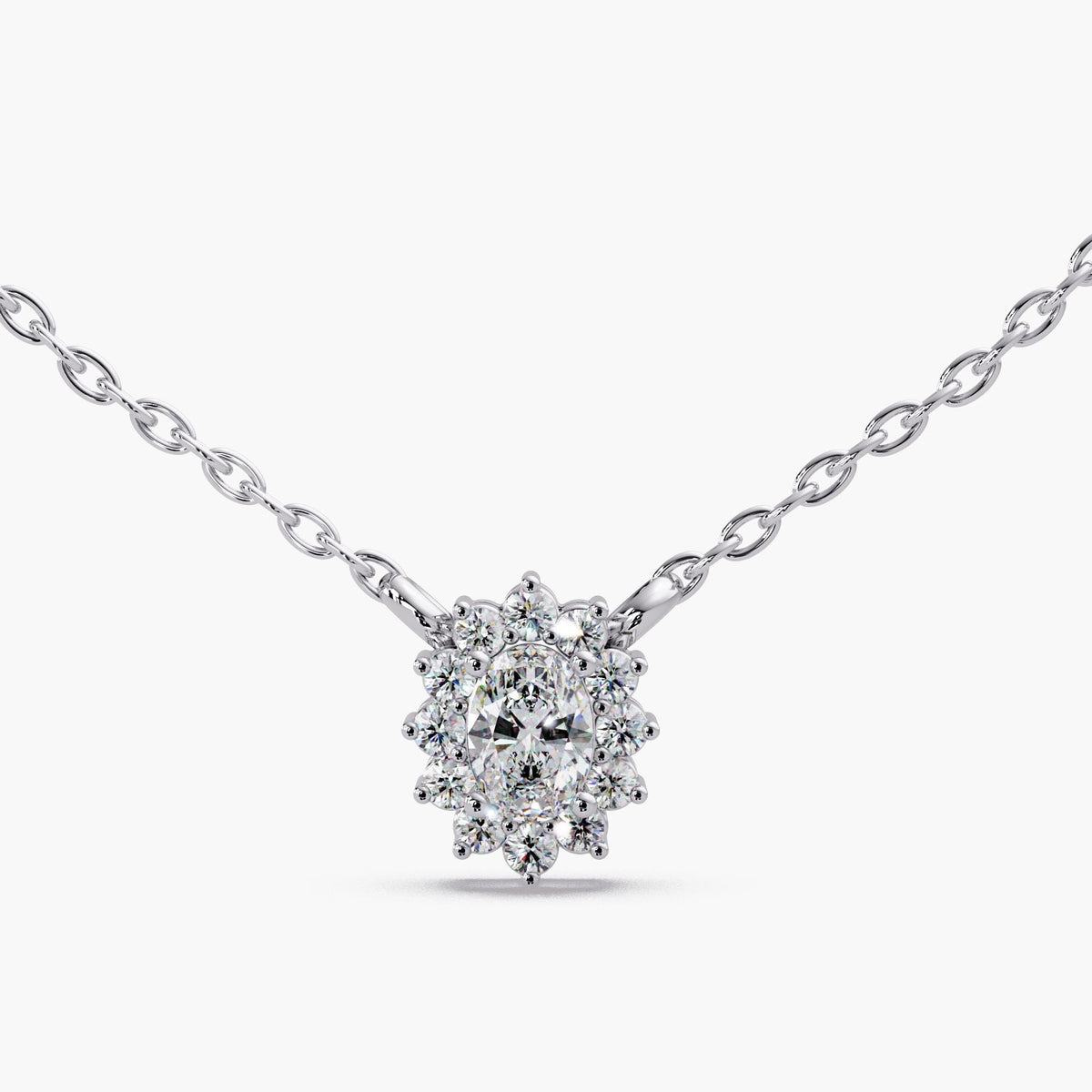 Dainty Oval Halo Diamond Pendant, Sunburst Halo Necklace, 14K Gold Lab Diamond Necklace