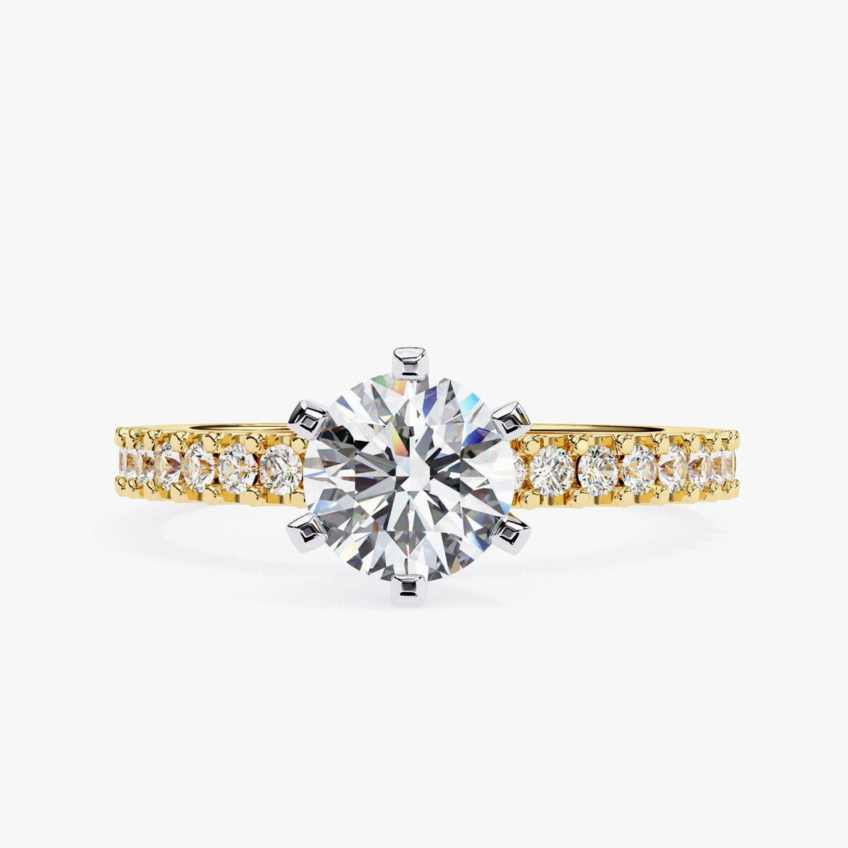 A diamond engagement ring with a large central diamond surrounded by smaller diamonds set in a gold band.