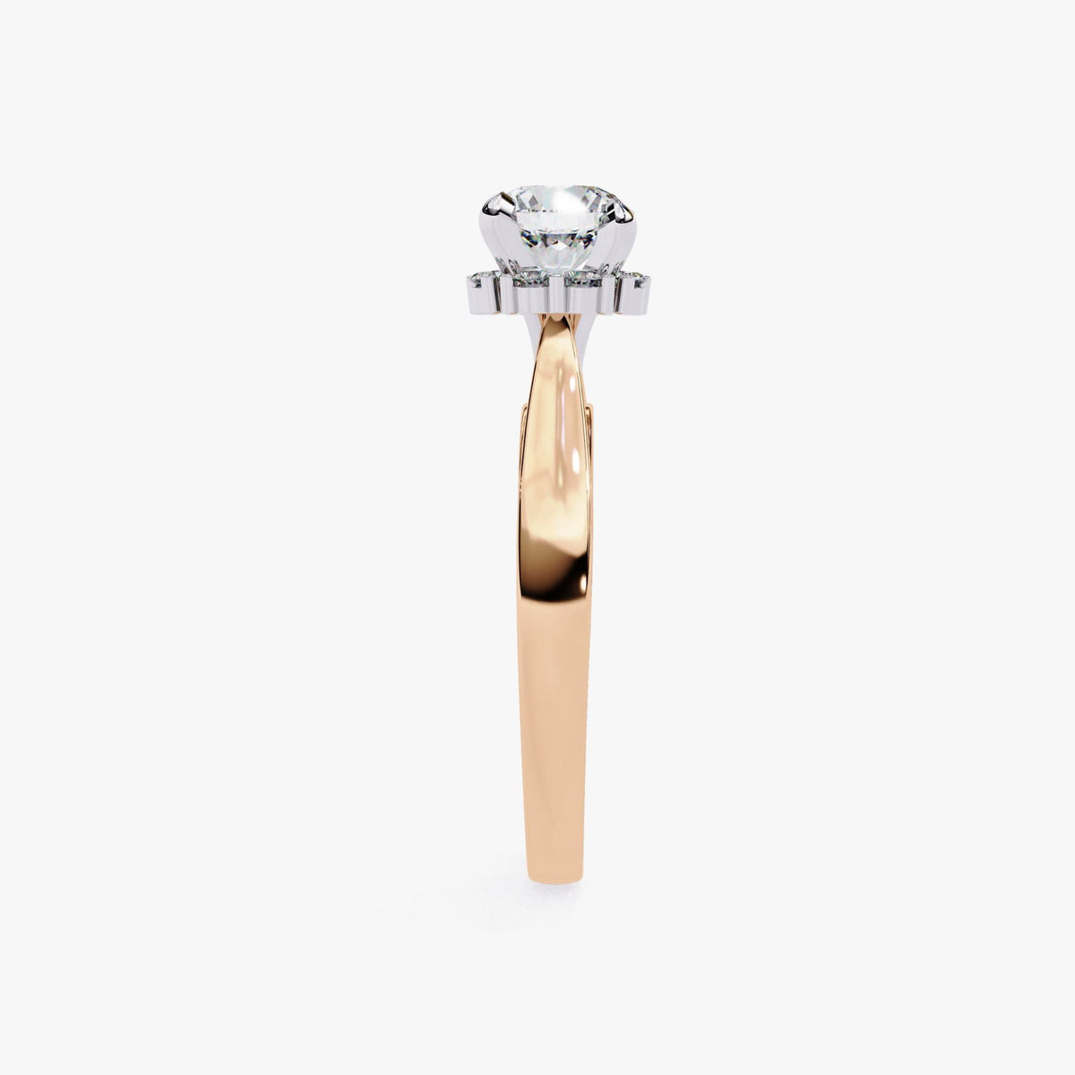 A gold-colored engagement ring with a large, clear diamond set in the center.