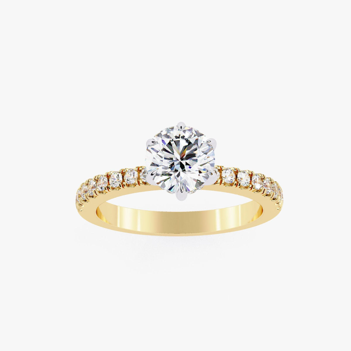 A gold engagement ring with a large diamond set in the center, surrounded by smaller diamonds along the band.