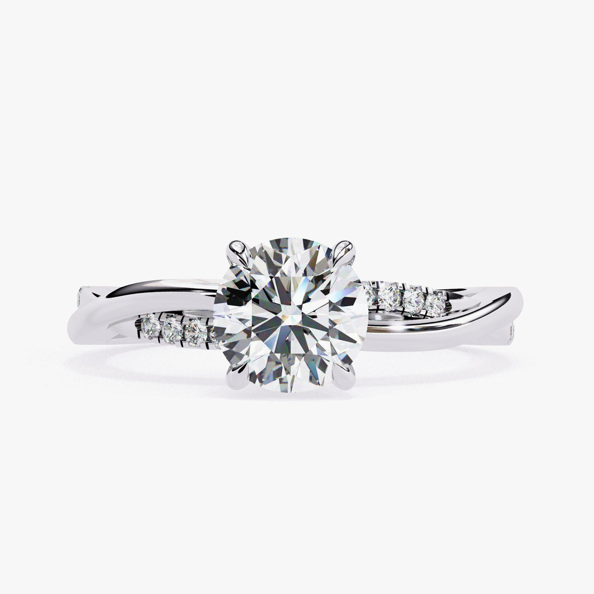 A close-up of a diamond engagement ring with a large central diamond surrounded by smaller diamonds set in a twisted band.