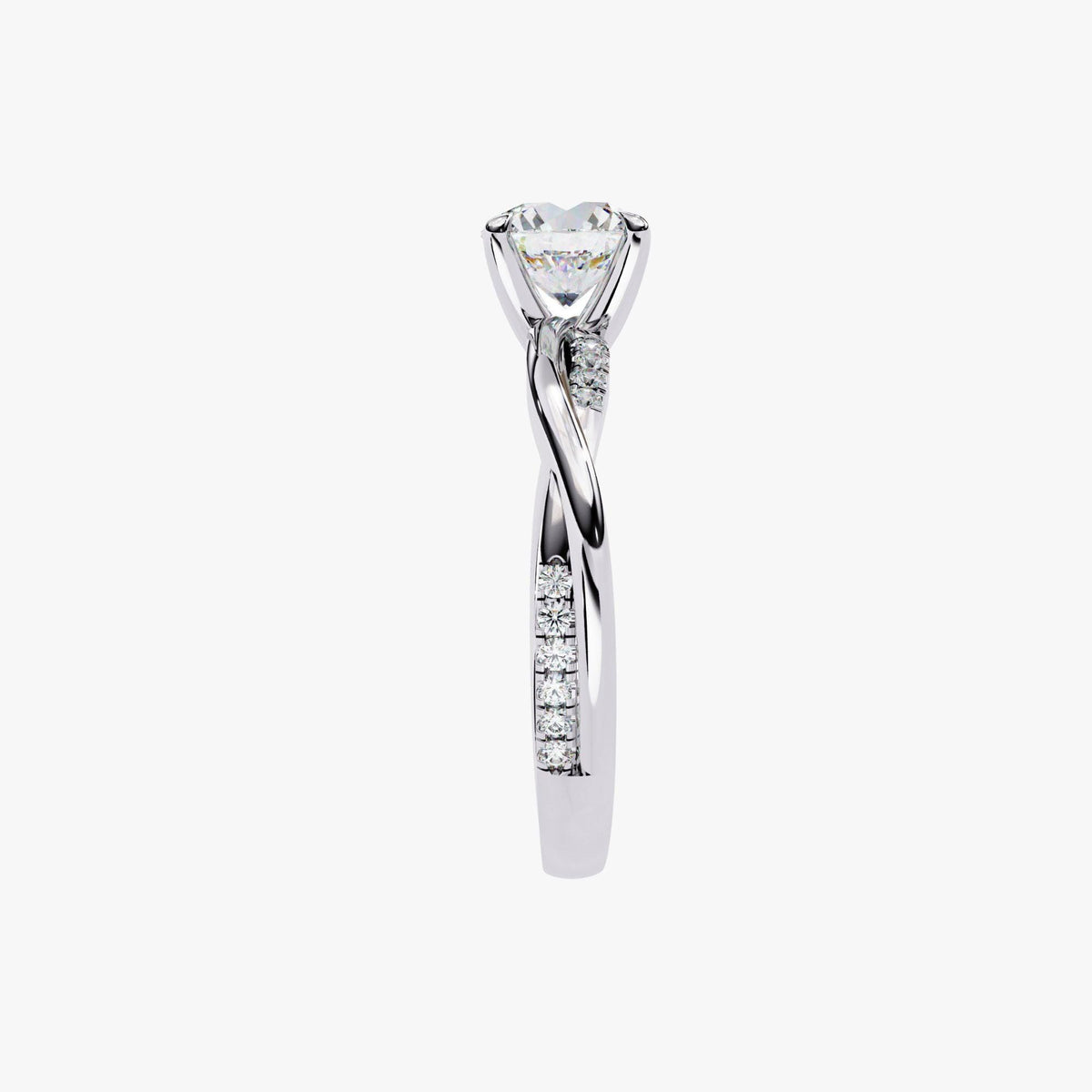 A silver engagement ring with a large central diamond and smaller diamonds along the band.