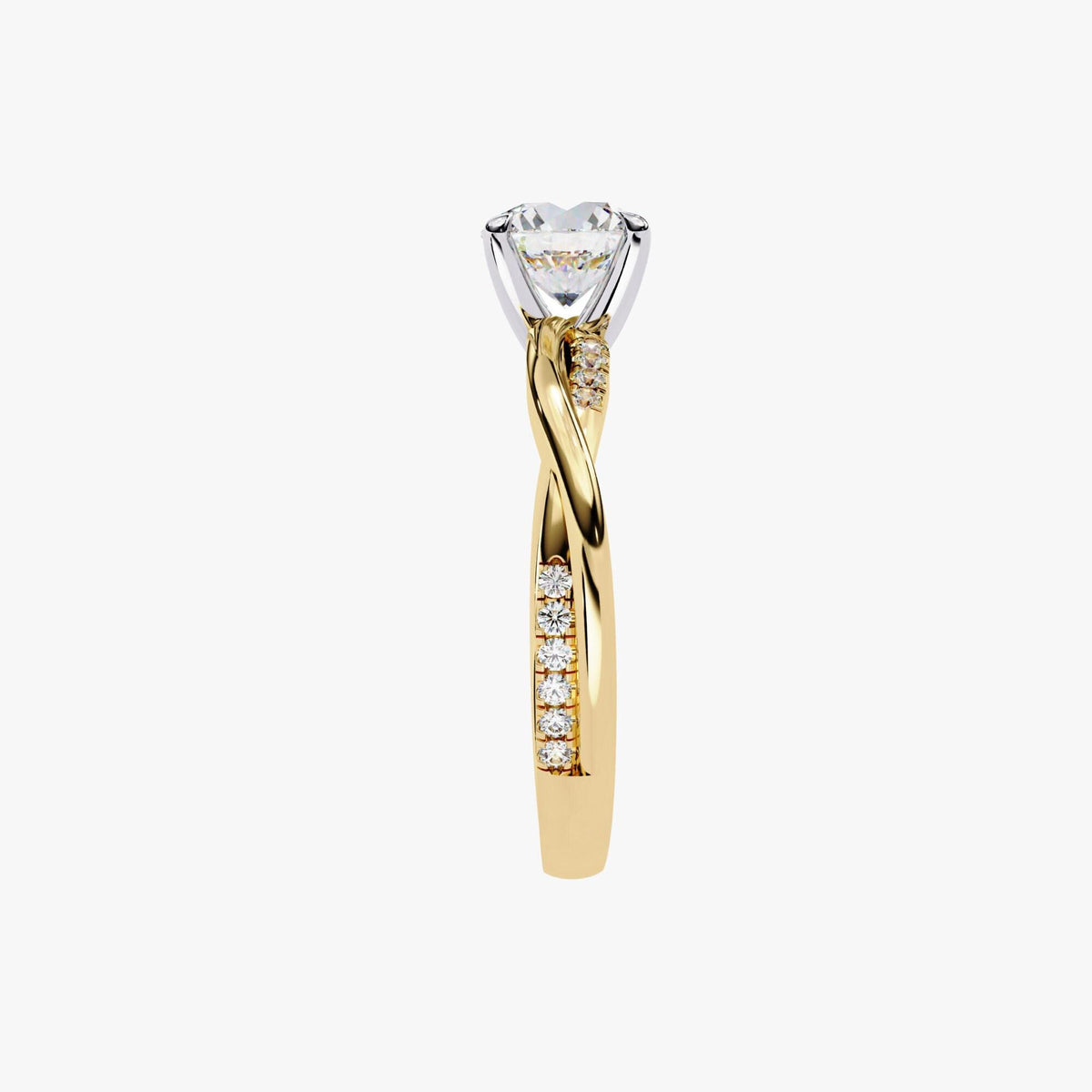 A gold and diamond engagement ring with a large central diamond and smaller diamonds along the sides.