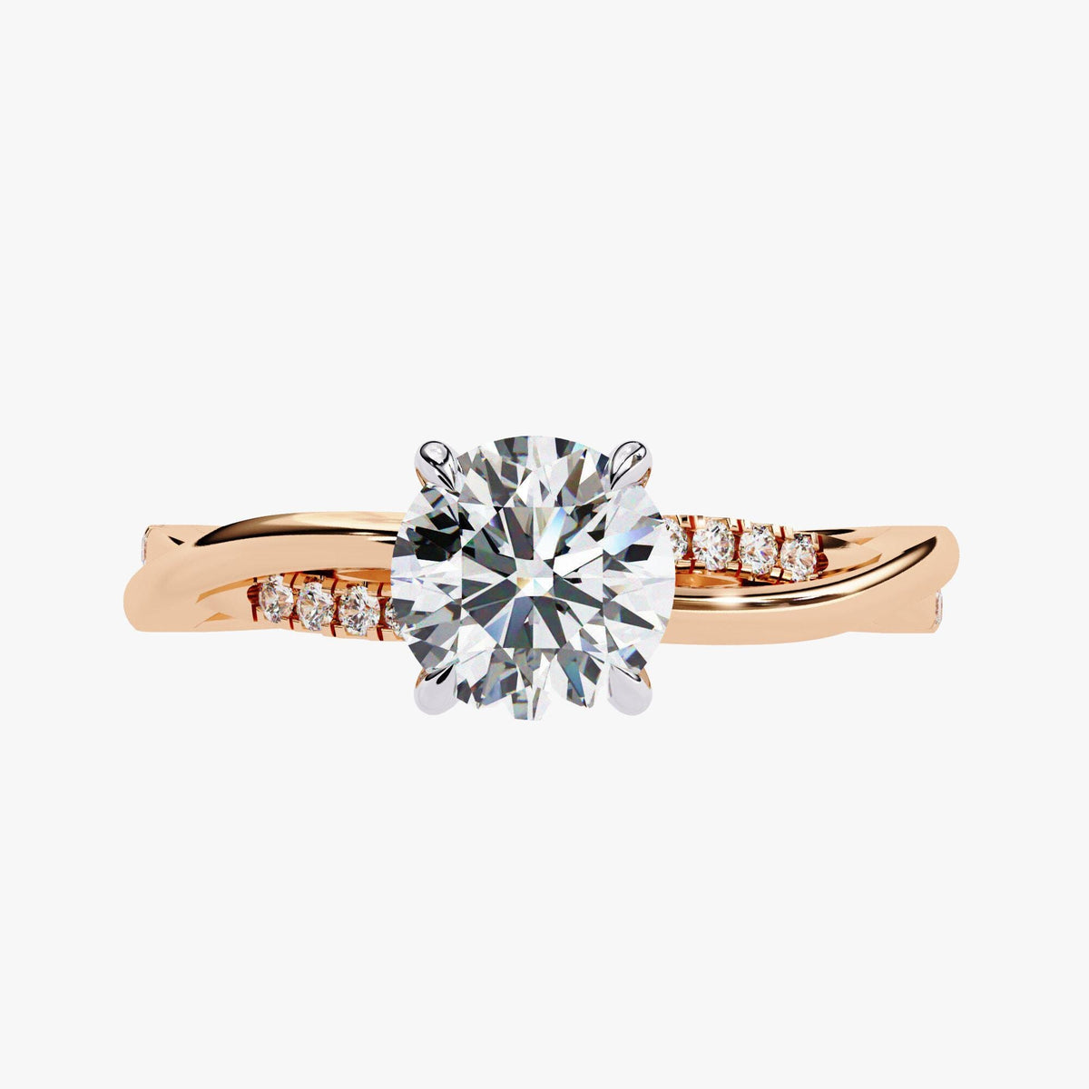 A close-up of a diamond engagement ring with a large central diamond surrounded by smaller diamonds set in a twisted gold band.