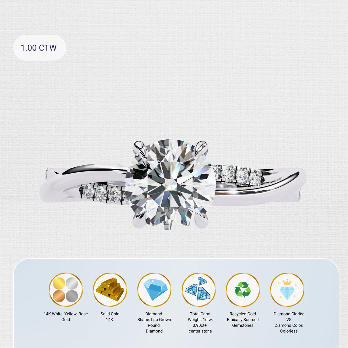 The image is a collage of five images, each depicting a different aspect of a 14KCTW diamond ring. The images show the ring's design, clarity, color, and weight, as well as the diamond's cut, shape, and roundness.