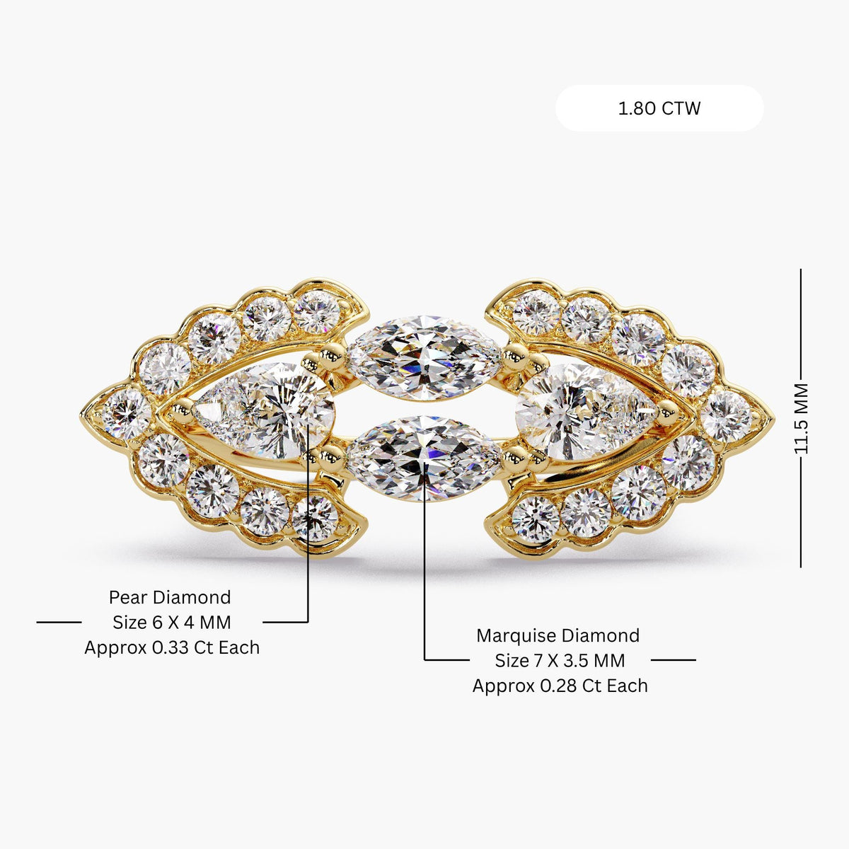 diamond ring size chart / 1.8 ctw cluster ring dimensions / wide statement ring measurement / open wrap ring sizing