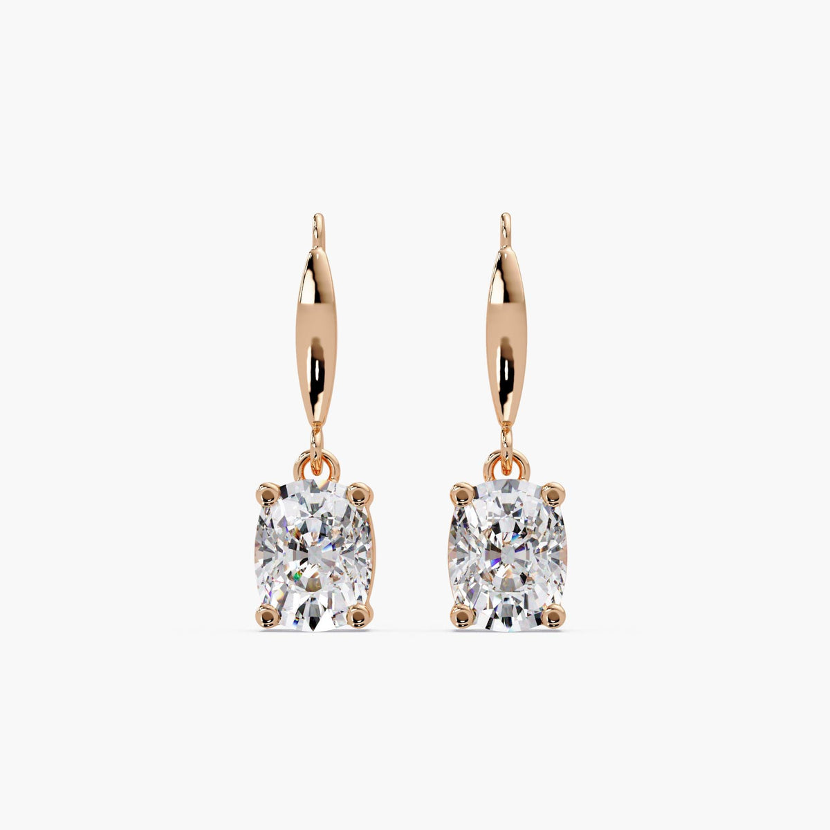 rose gold cushion diamond earrings / minimalist diamond earrings / dangling solitaire earrings / cushion cut lab diamonds / bridal drop earrings