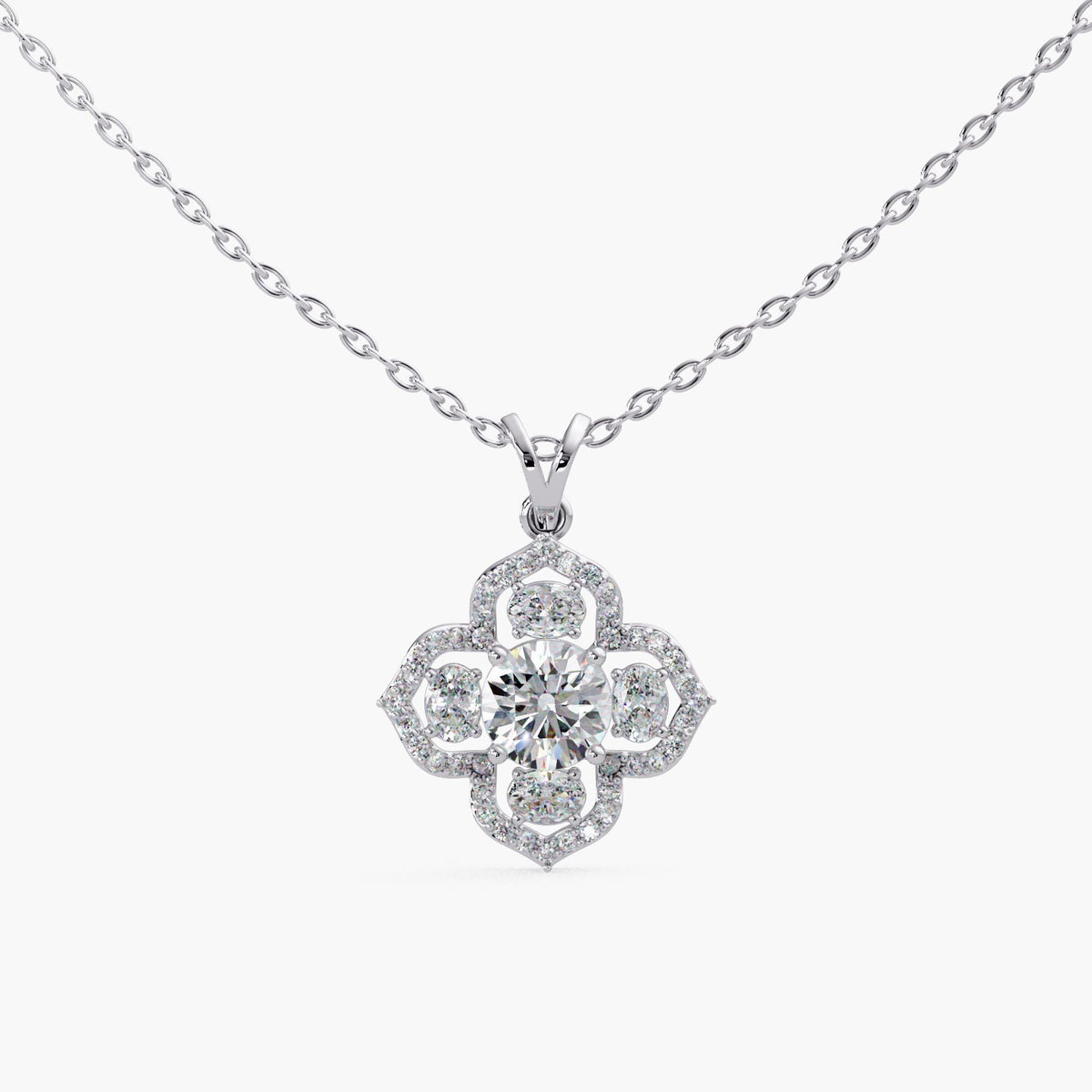 diamond clover necklace/round and oval diamond pendant/statement diamond necklace/anniversary gift necklace/luxury gold necklace