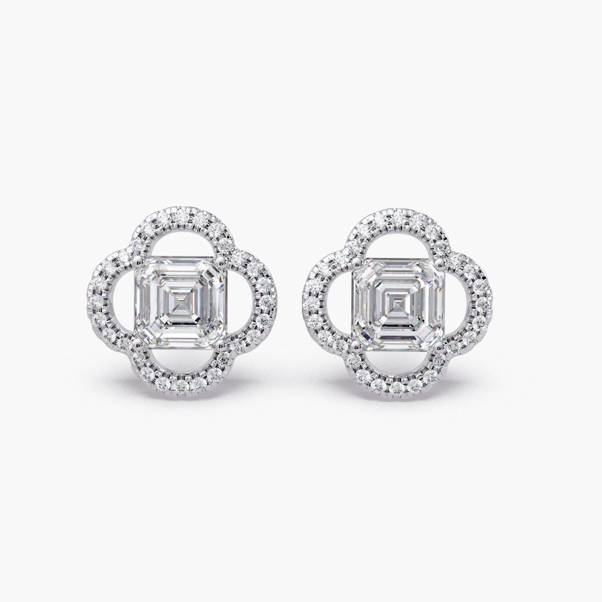 14k white gold asscher cut diamond clover stud earrings/14k gold floral halo diamond studs/lab grown diamond flower earrings/IGI certified asscher diamond studs