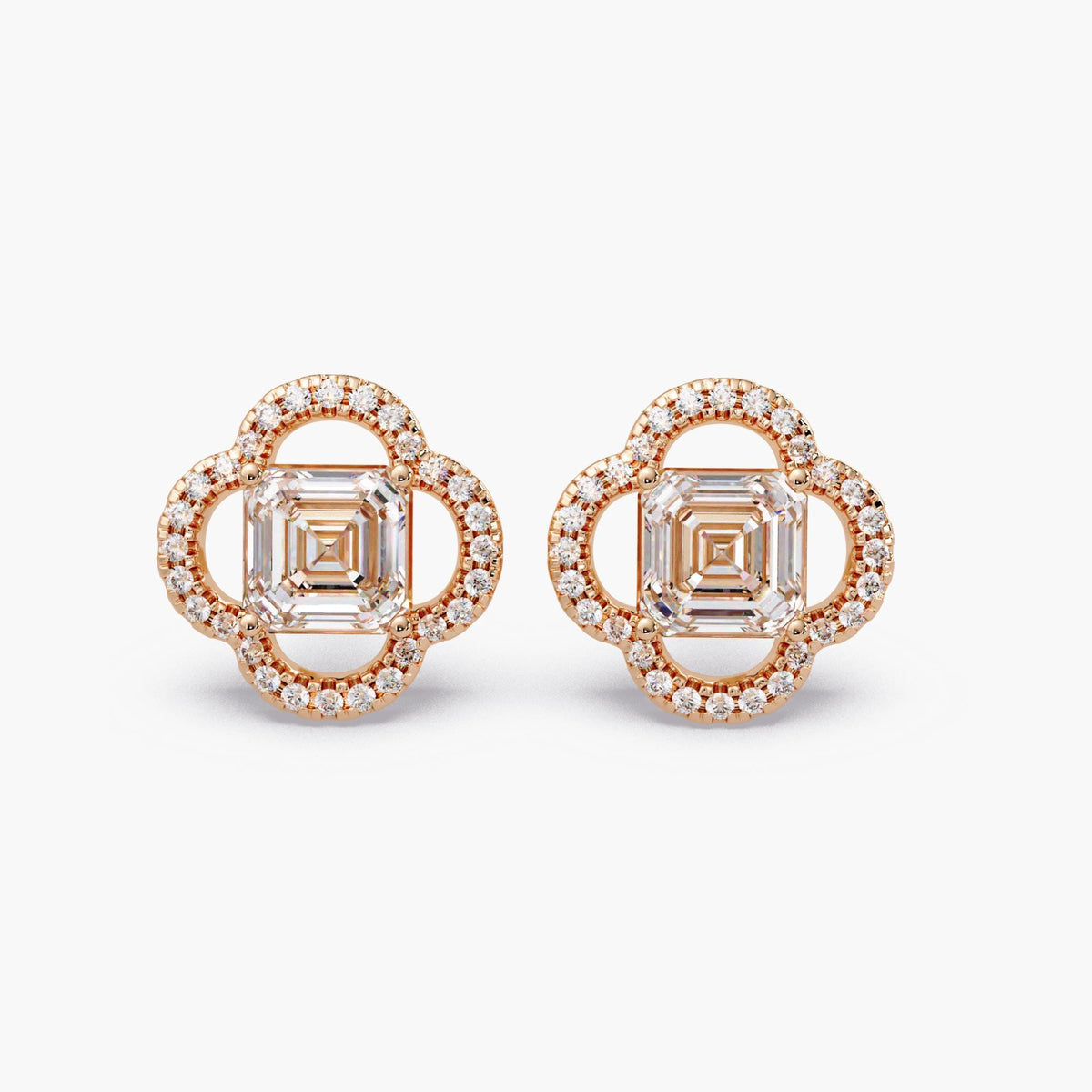 14k rose gold 2 carat asscher diamond earrings/clover shape diamond studs/14k yellow gold diamond earrings/pushback floral diamond studs