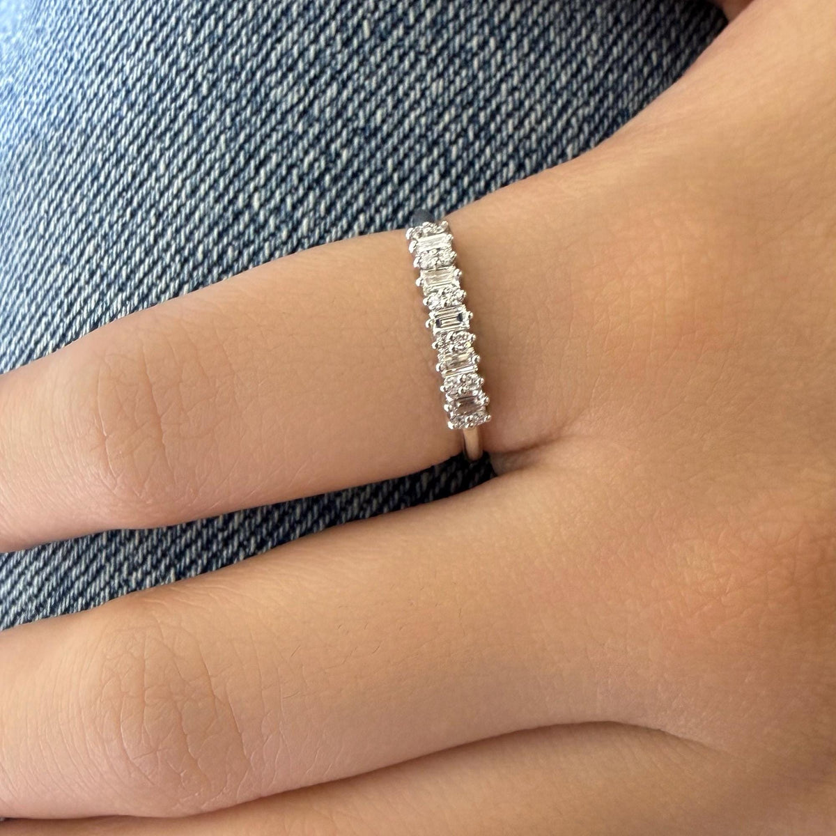 14k Gold Baguette Wedding Ring, Alternating Real Lab Diamond Ring, Solid Gold Half Eternity Ring, Minimalist Stackable Ring, Jewelry Gifts