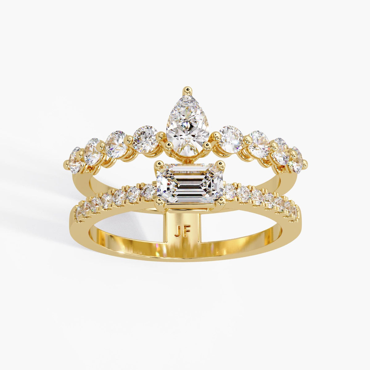 14k gold pear emerald diamond ring on hand / everyday statement ring / stack look ring / double row lab diamond ring / modern bridal ring