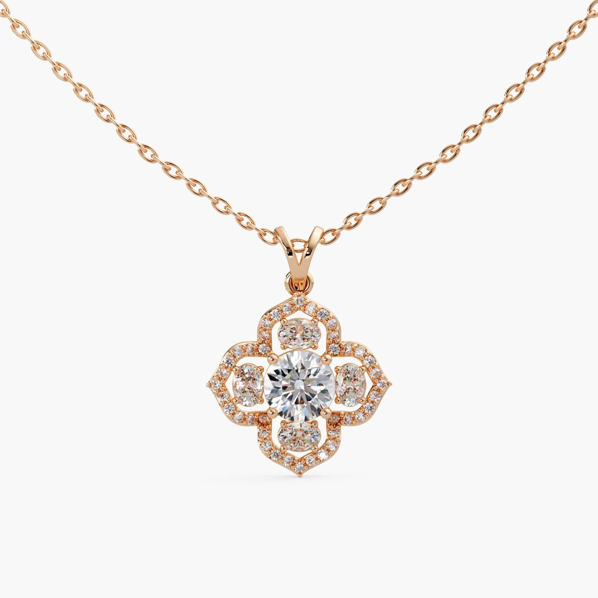 quatrefoil flower pendant/vintage inspired diamond necklace/14kt gold diamond pendant/luxury everyday jewelry/pave diamond necklace