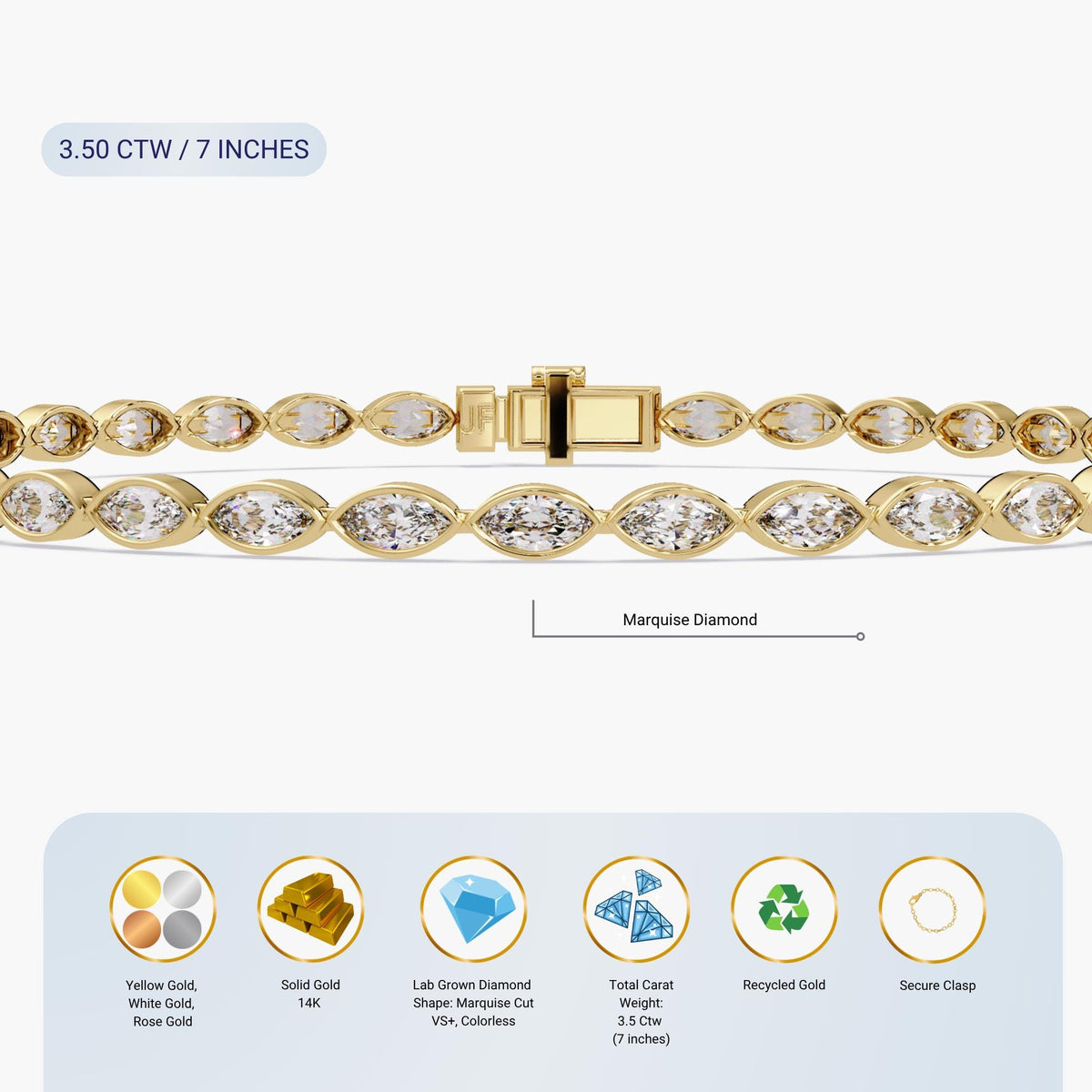 3.5 Ct Bezel Set Marquise Shaped Lab-Grown Diamond Bracelet in 14k Yellow Gold, Graduation Day Gift