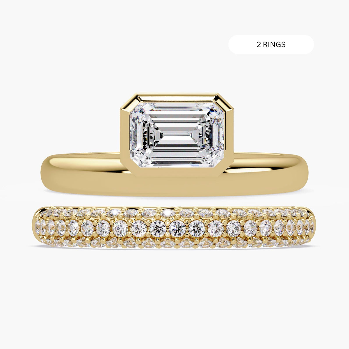 double band engagement ring / emerald cut bridal set / stacked diamond rings / modern bridal stack / bezel and pavé ring set