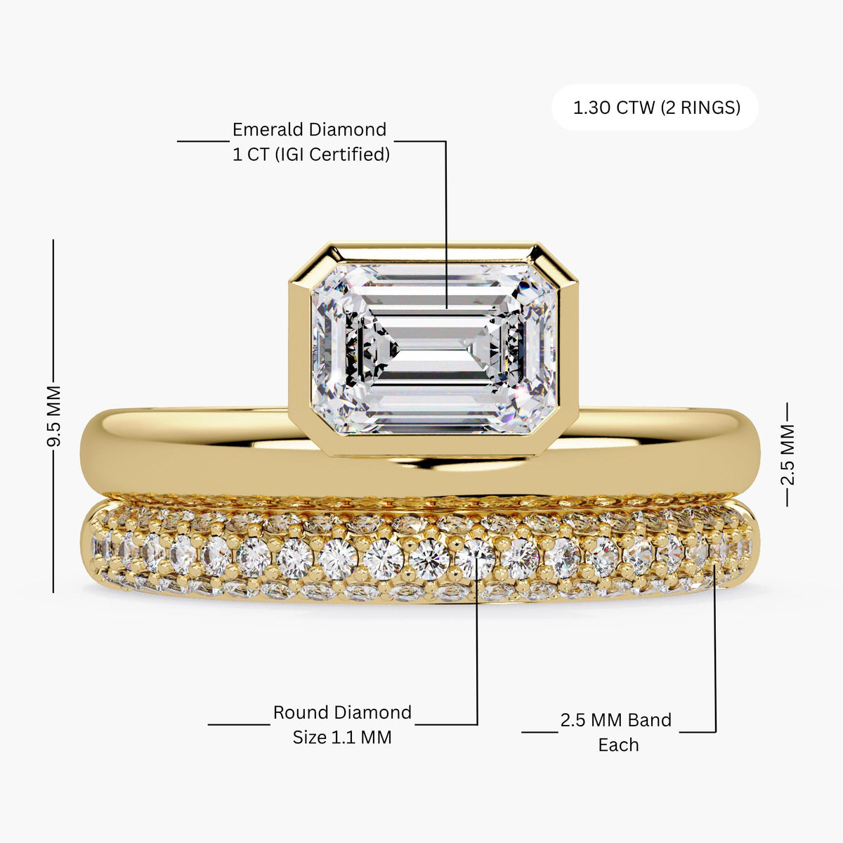 1 carat emerald cut diamond ring / emerald cut bezel engagement ring dimensions / lab grown diamond bridal set / offset diamond ring details