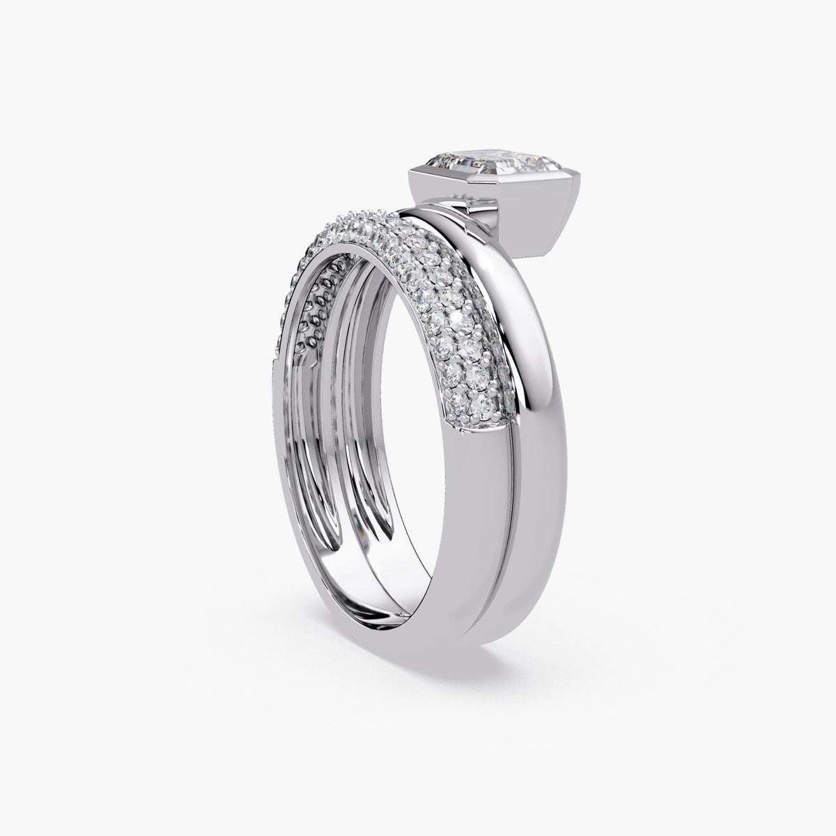 white gold emerald cut bezel ring / lab grown diamond bridal set / double band engagement ring / stackable wedding ring set