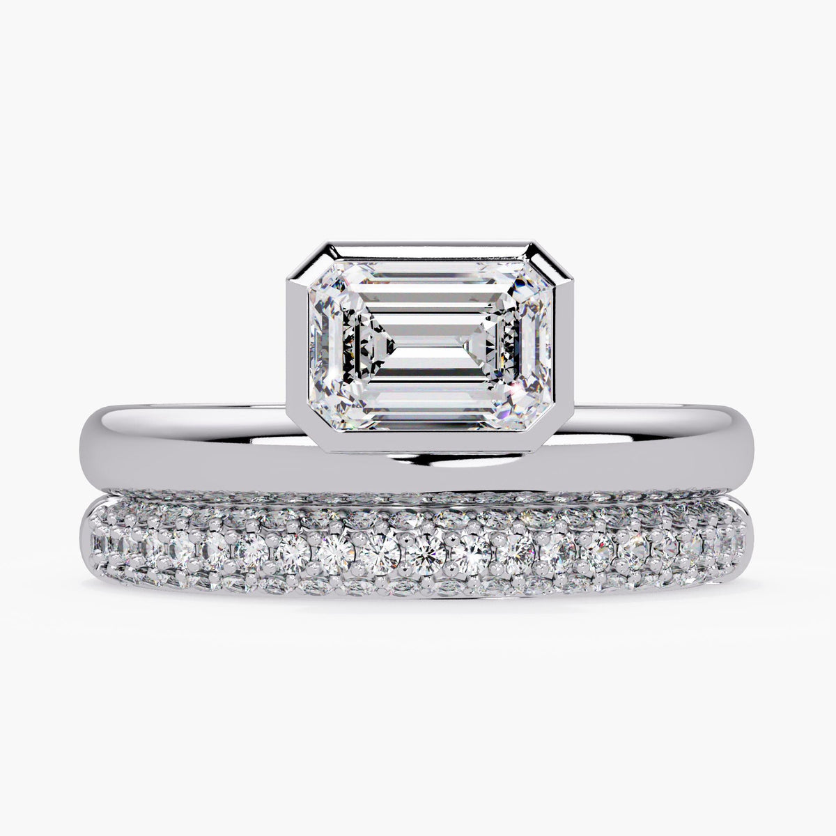 white gold emerald cut bezel ring / lab grown diamond bridal set / double band engagement ring / stackable wedding ring set