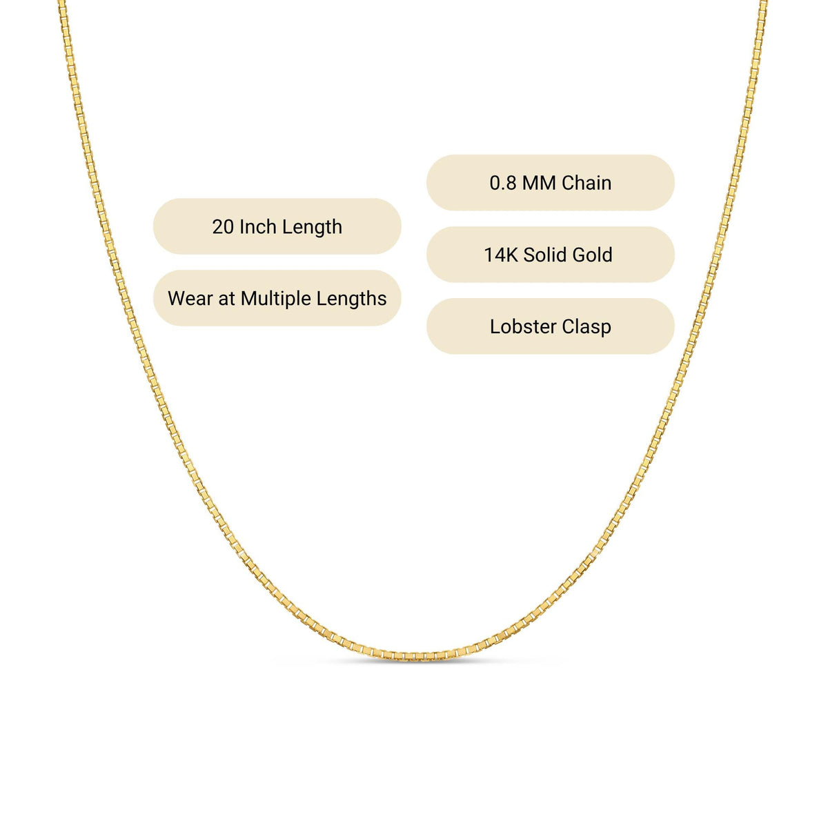 14k Solid Gold Box Chain Necklace, Adjustable Length