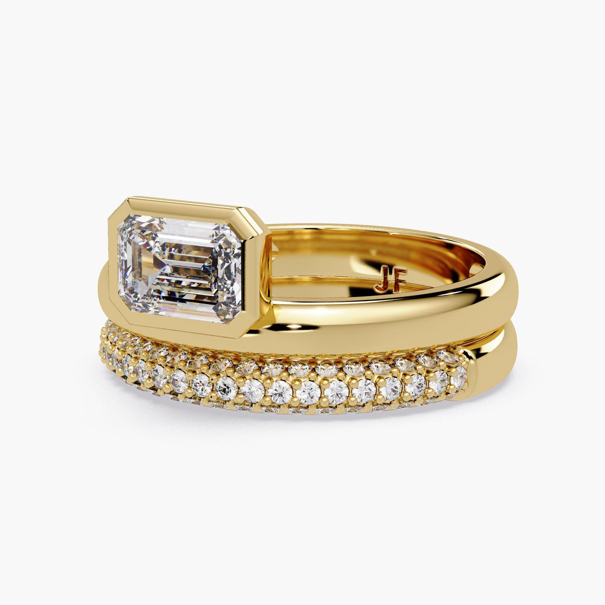 1 carat emerald cut diamond ring / emerald cut bezel engagement ring dimensions / lab grown diamond bridal set / offset diamond ring details