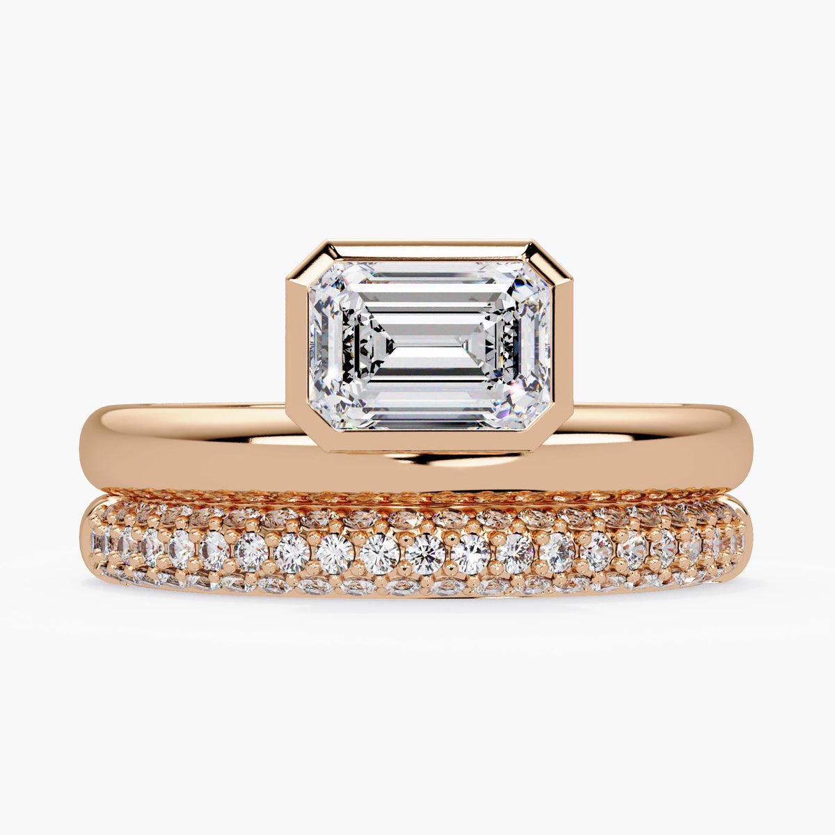 rose gold emerald cut engagement ring / bezel set lab diamond ring / bridal ring stack / double band ring set