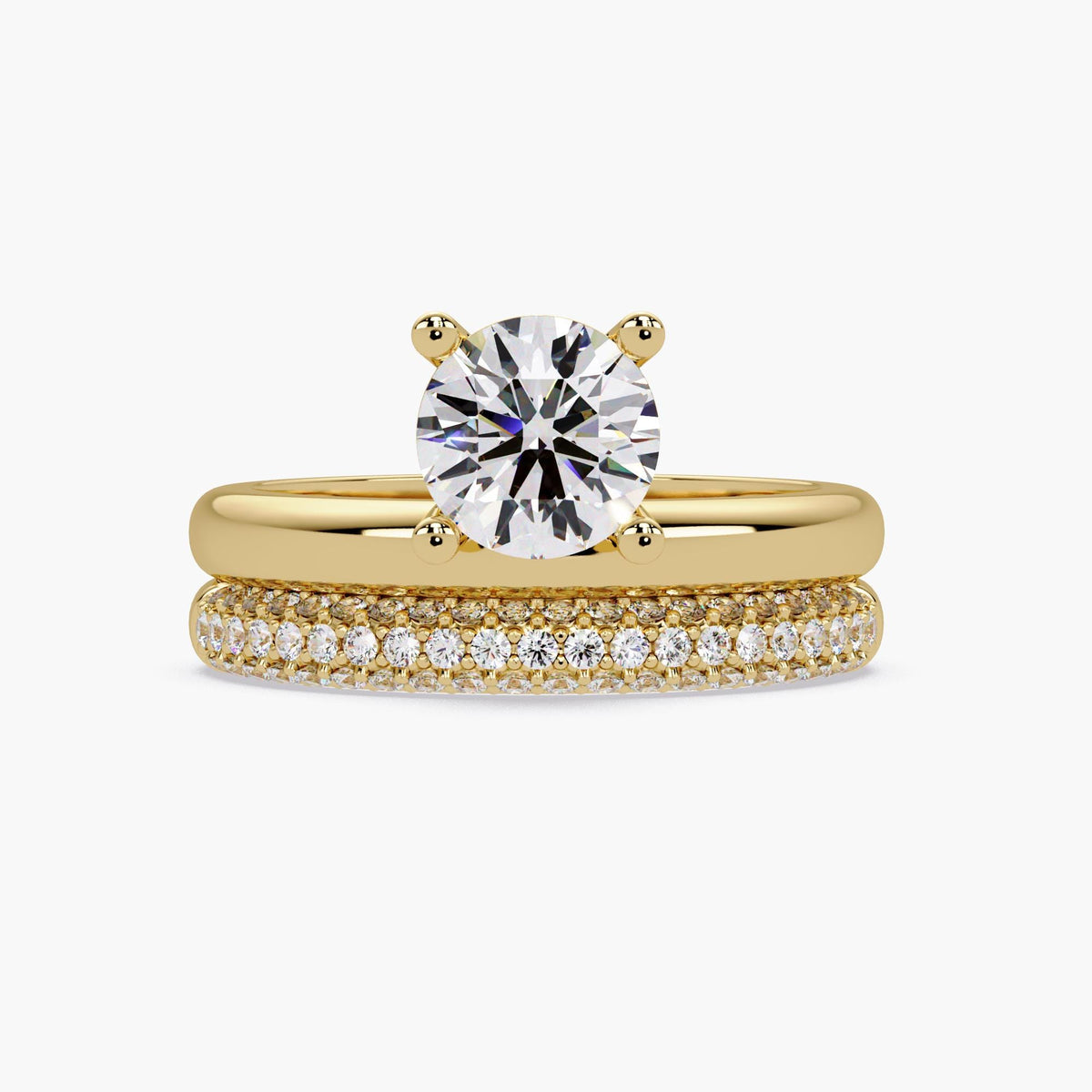 Round lab grown diamond engagement ring with pavé wedding band