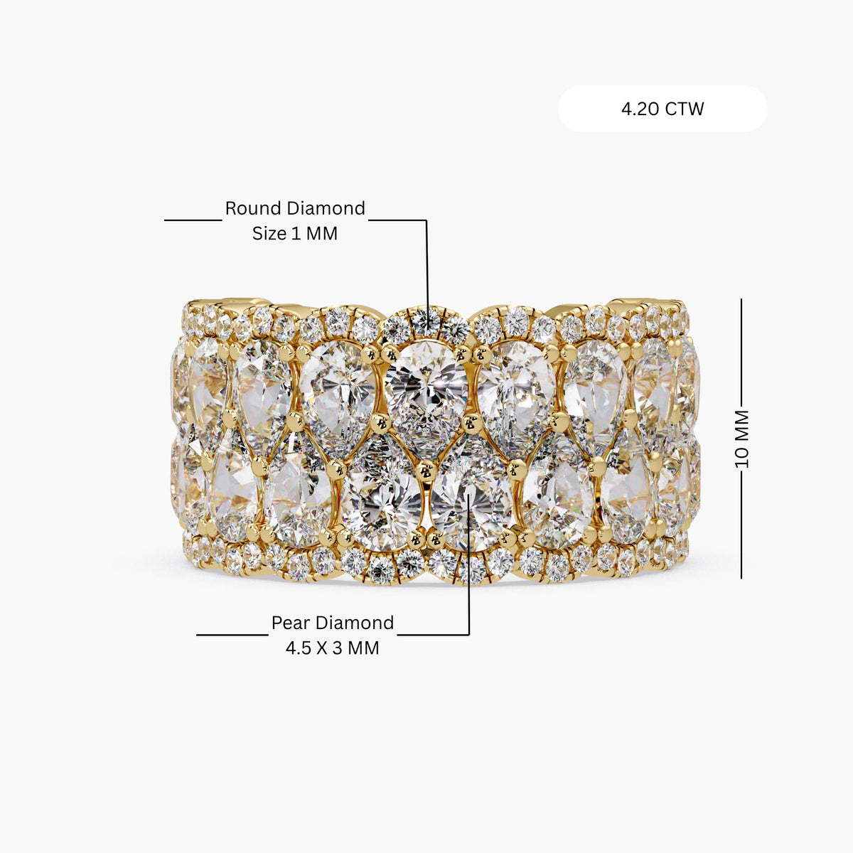 Wide diamond eternity style band featuring pear cut lab diamonds