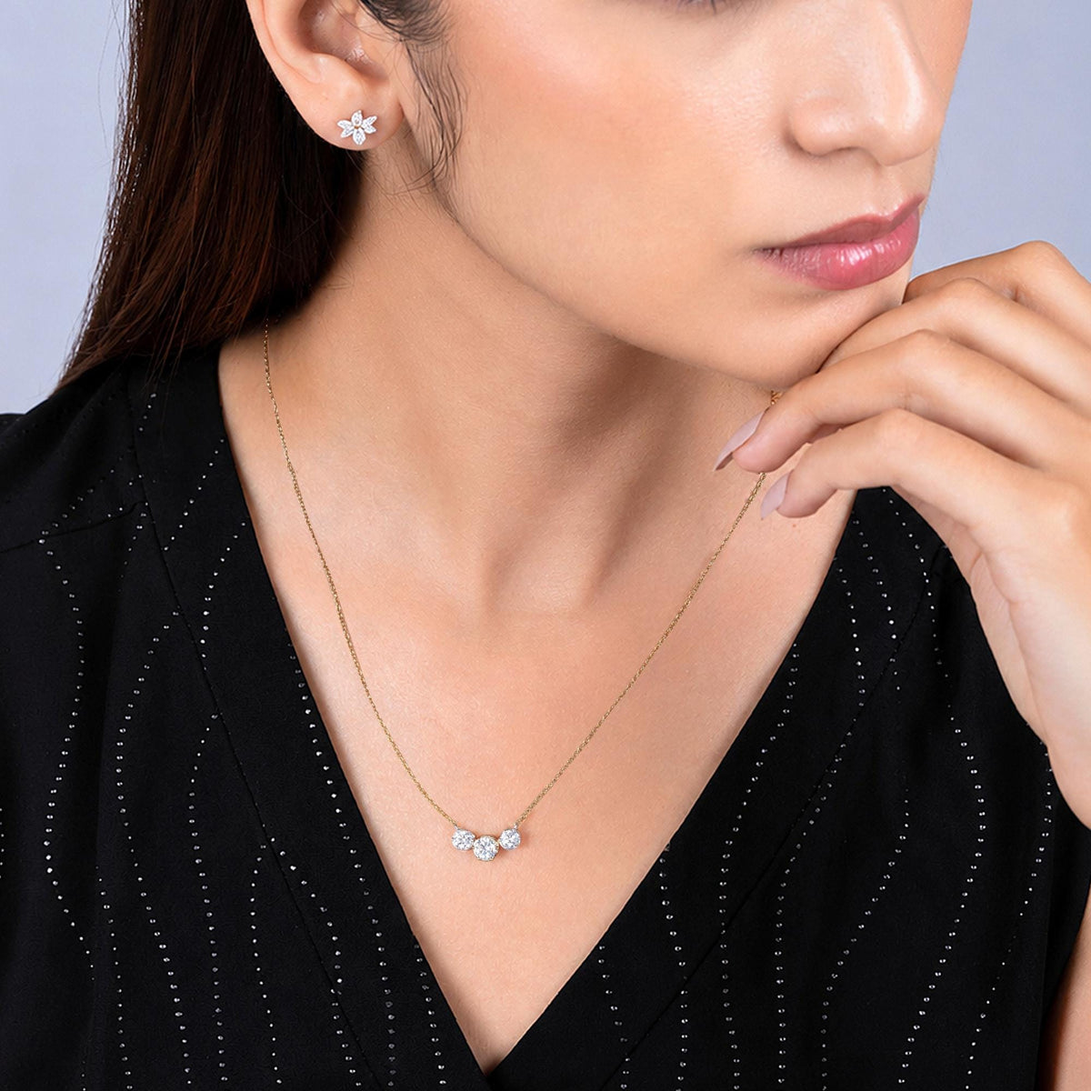 1 CTW Lab Diamond Three Stone Necklace | Two Tone 14K Gold | Mixed Metal Diamond Pendant