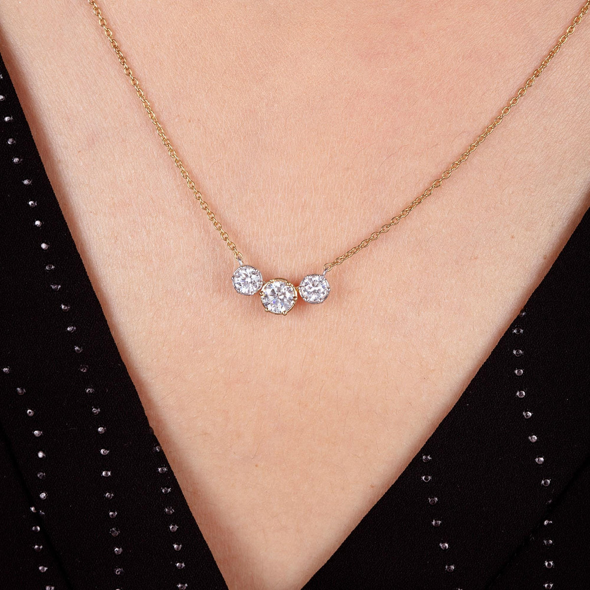 1 CTW Lab Diamond Three Stone Necklace | Two Tone 14K Gold | Mixed Metal Diamond Pendant