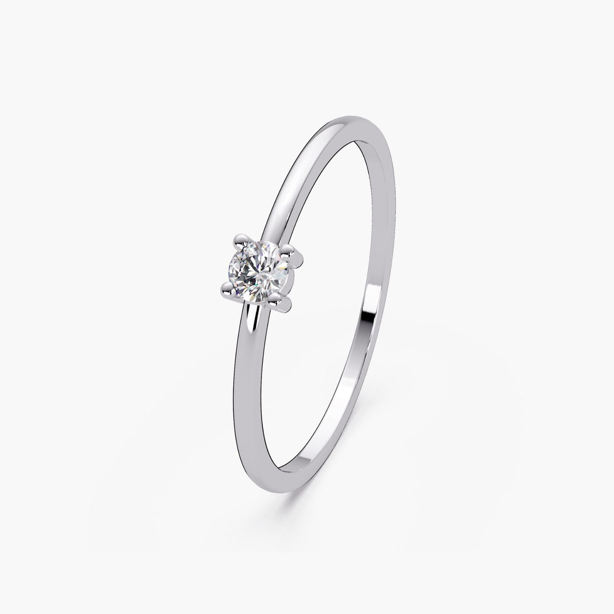 14K white gold solitaire ring with 0.15 CT round brilliant natural diamond and thin band
