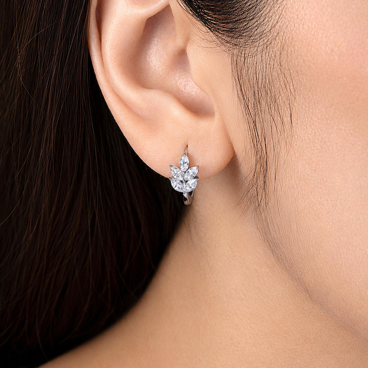 14K Gold Marquise Diamond Huggie Earrings, Floral Cluster Lab Diamond Hoops