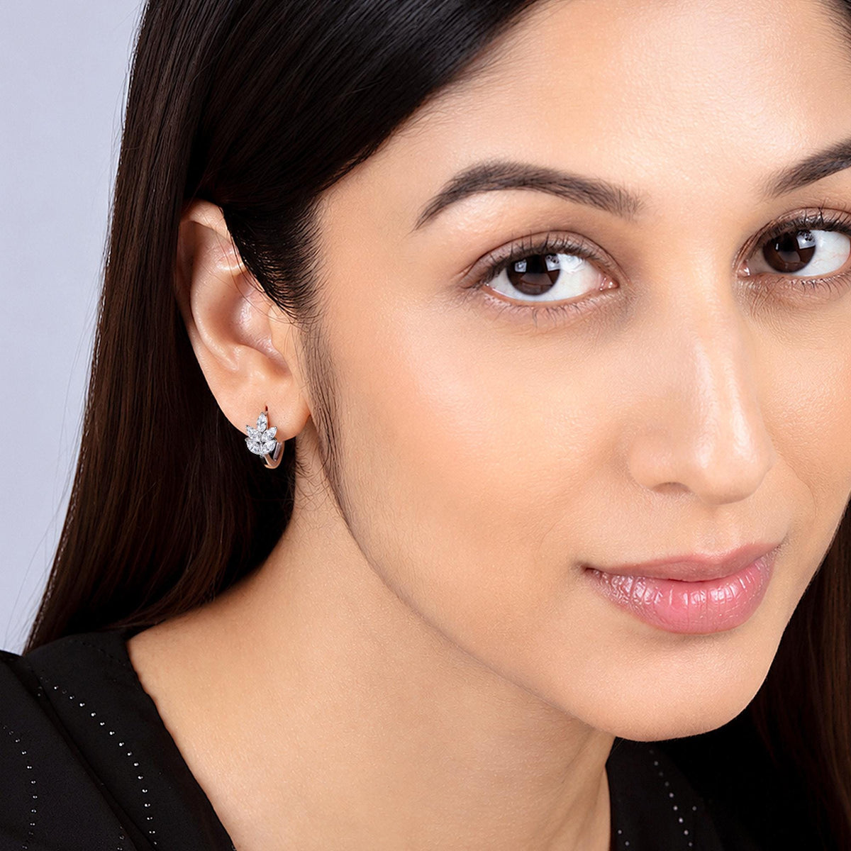14K Gold Marquise Diamond Huggie Earrings, Floral Cluster Lab Diamond Hoops