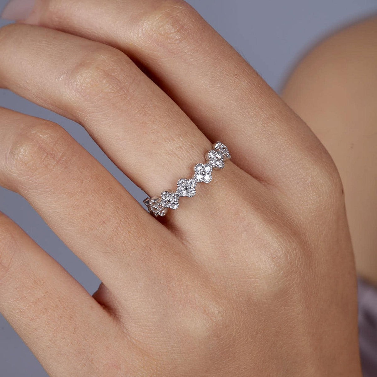 14K Gold Lab Diamond Flower Band, 0.35 Ctw 3/4 Eternity Clover Ring