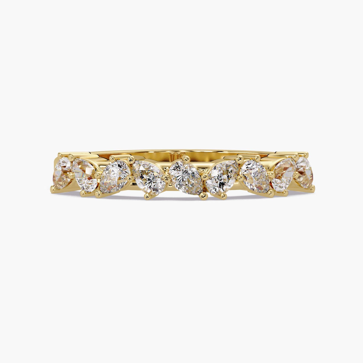 14K yellow gold half eternity ring with nine pear cut lab grown diamonds in a prong setting on a white background