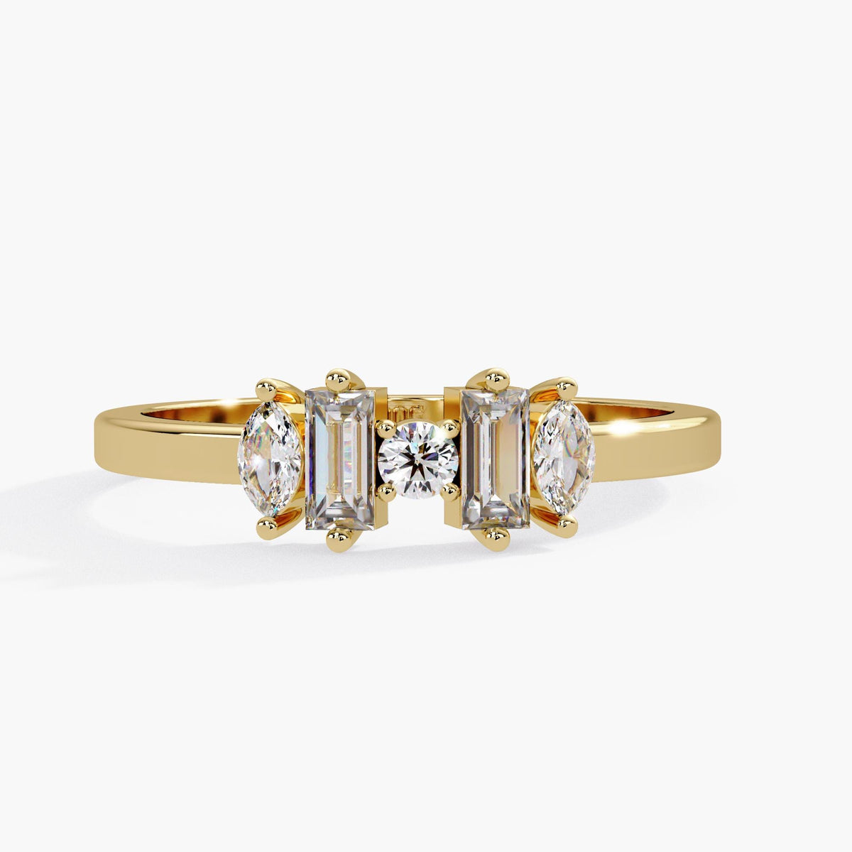 Five Stone Lab Grown Diamond Ring in 14K solid gold featuring baguette, marquise, and round diamonds in a modern mixed cut diamond band