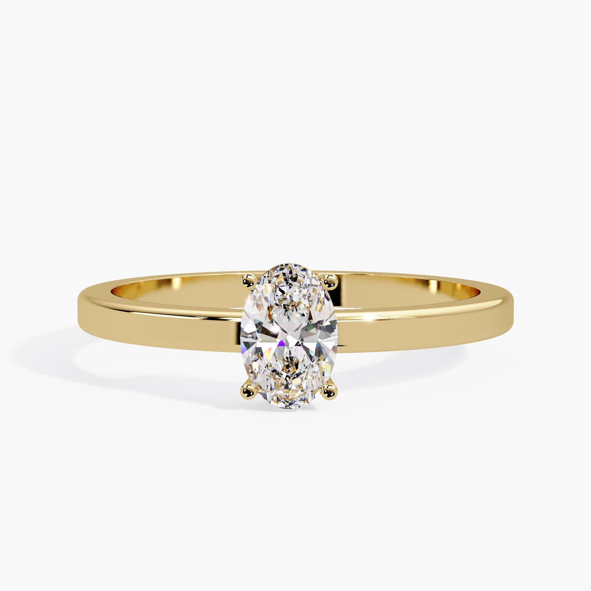 14K solid gold oval lab diamond engagement ring with a 6x4 mm oval solitaire in a low-profile prong setting