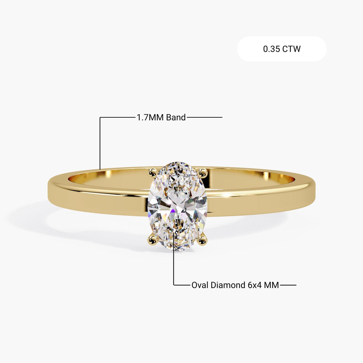 14K gold oval lab diamond engagement ring showing 6x4 mm oval diamond and 1.7 mm band measurements