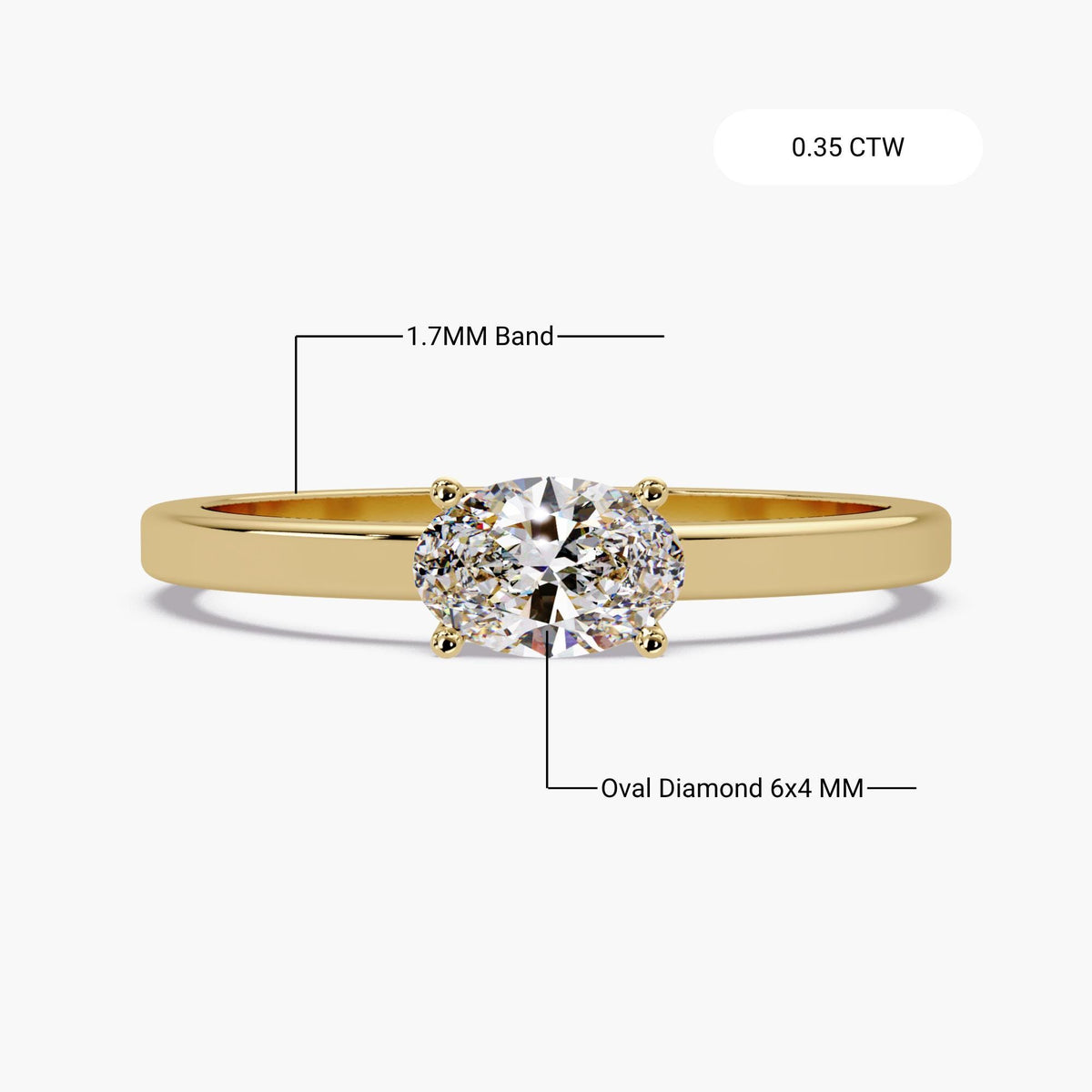 A 0.35 CTW oval lab-grown diamond ring labeled with a 6 × 4 mm center stone and a 1.7 mm band.