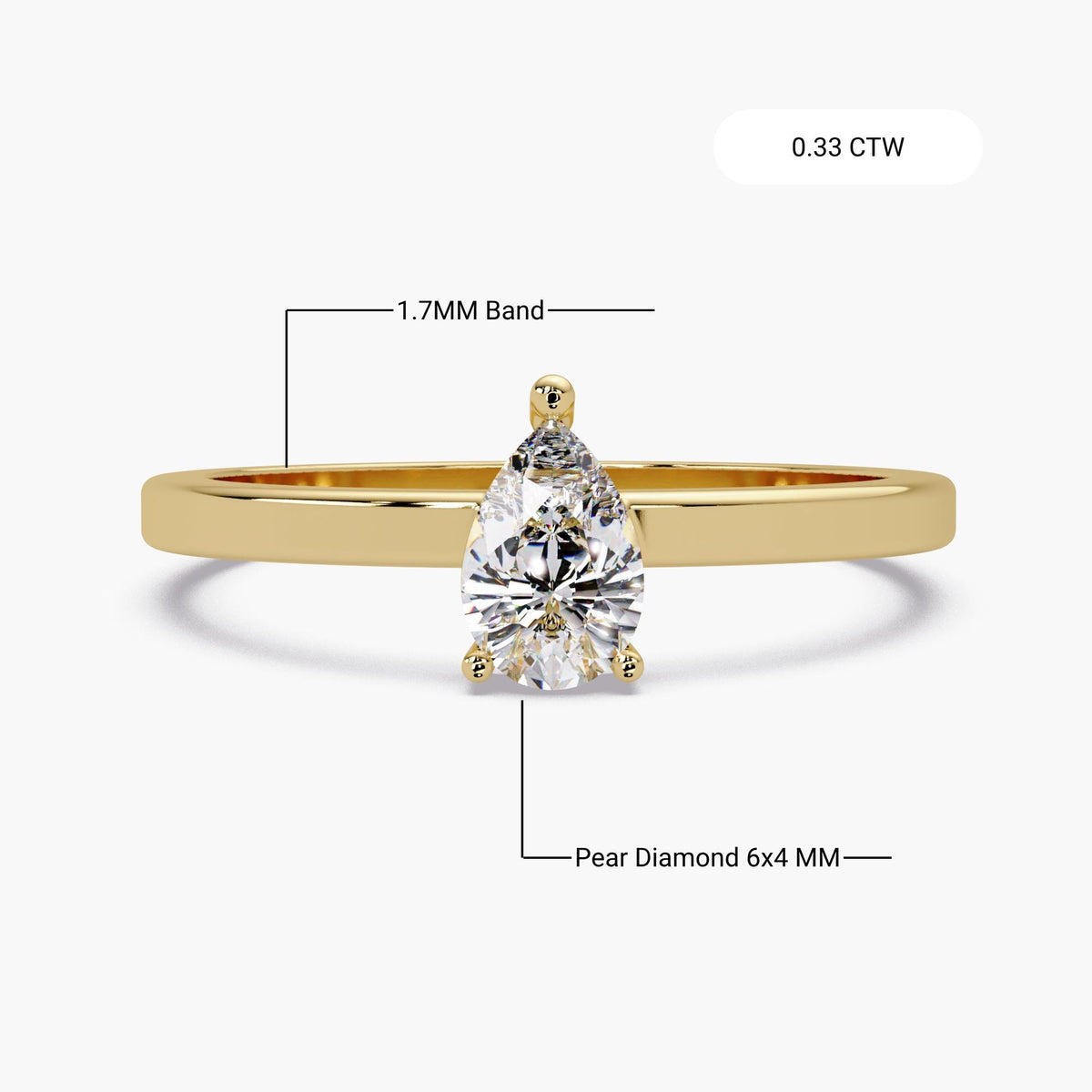 A 0.33 CTW pear lab-grown diamond ring labeled with a 6 × 4 mm center stone and a 1.7 mm band.