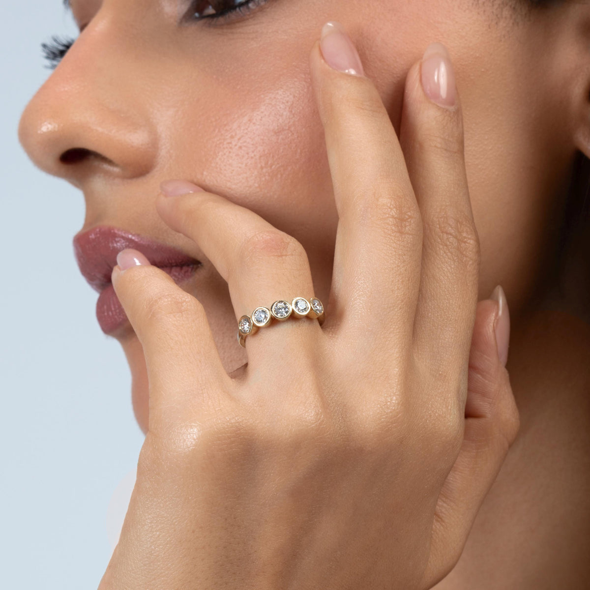 14K Gold Five Stone Lab Diamond Ring: Bezel Set Half Eternity Band