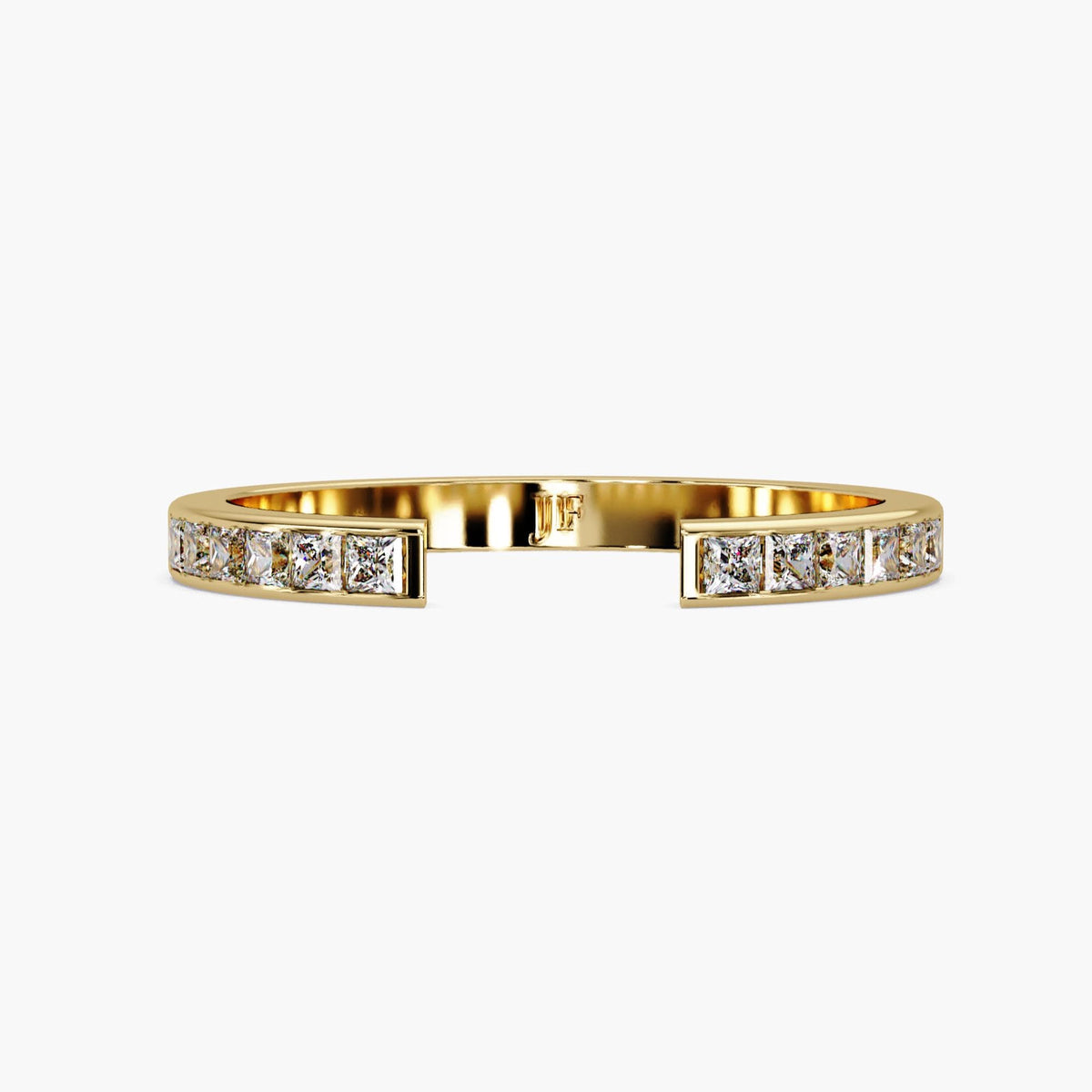 14K yellow gold open-gap band with channel-set princess-cut lab-grown diamonds.