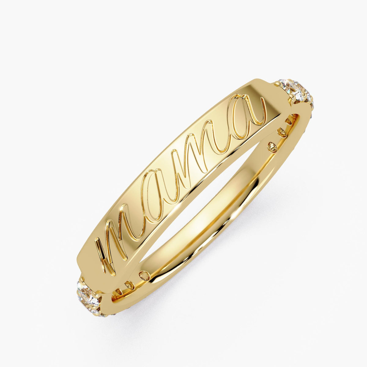 14k yellow gold mama script ring featuring a polished engraved band and 0.40 CTW lab-grown diamonds, designed as a meaningful new-mom jewelry gift.