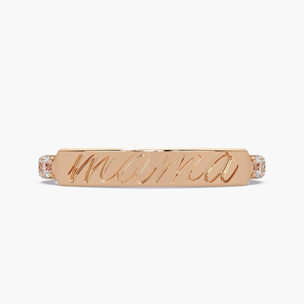 Solid 14k rose gold mama script ring with deep personalized engraving and lab-grown diamond accents, a dainty stackable ring for Mom or a new mother.