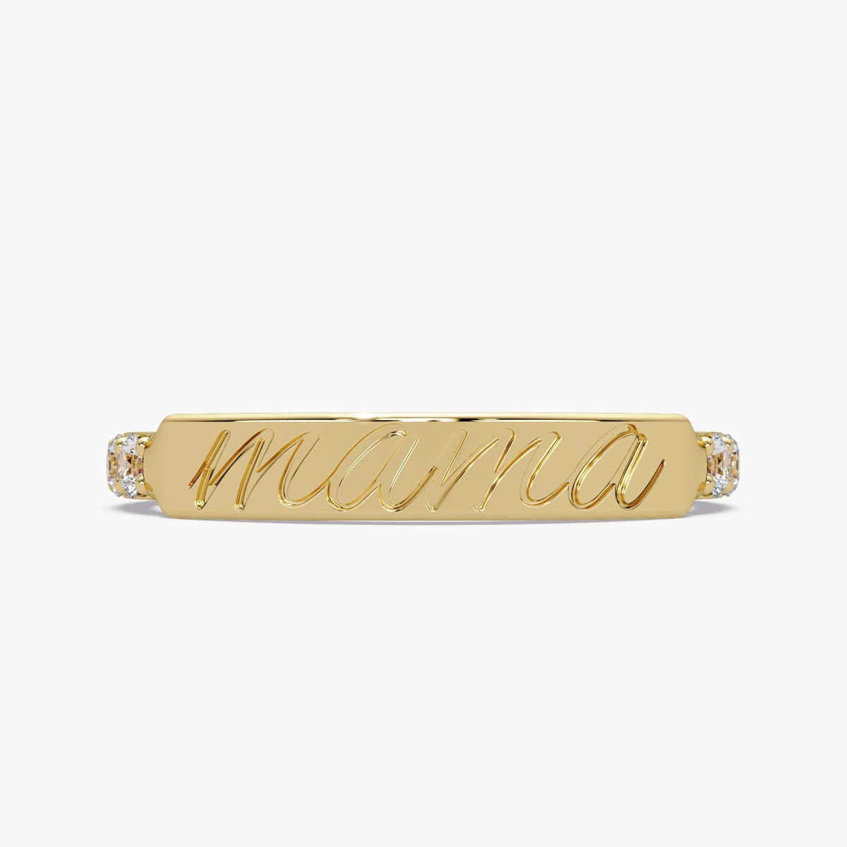 14k solid yellow gold mama ring with a deeply engraved script nameplate and sparkling lab-grown diamond accents, a personalized fine jewelry gift for Mom.