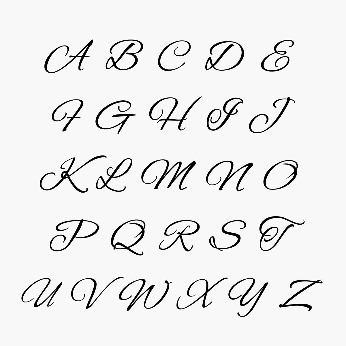 Script alphabet options for customizing a two-initial engraved gold ring with letters A through Z.