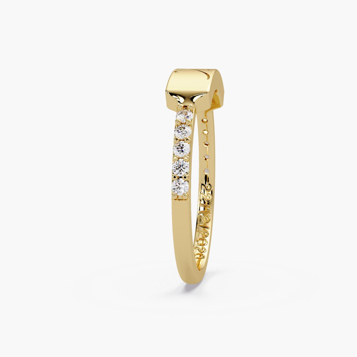 Solid 14K gold personalized initial ring with five round lab-grown diamonds set on each side and a custom date engraving.