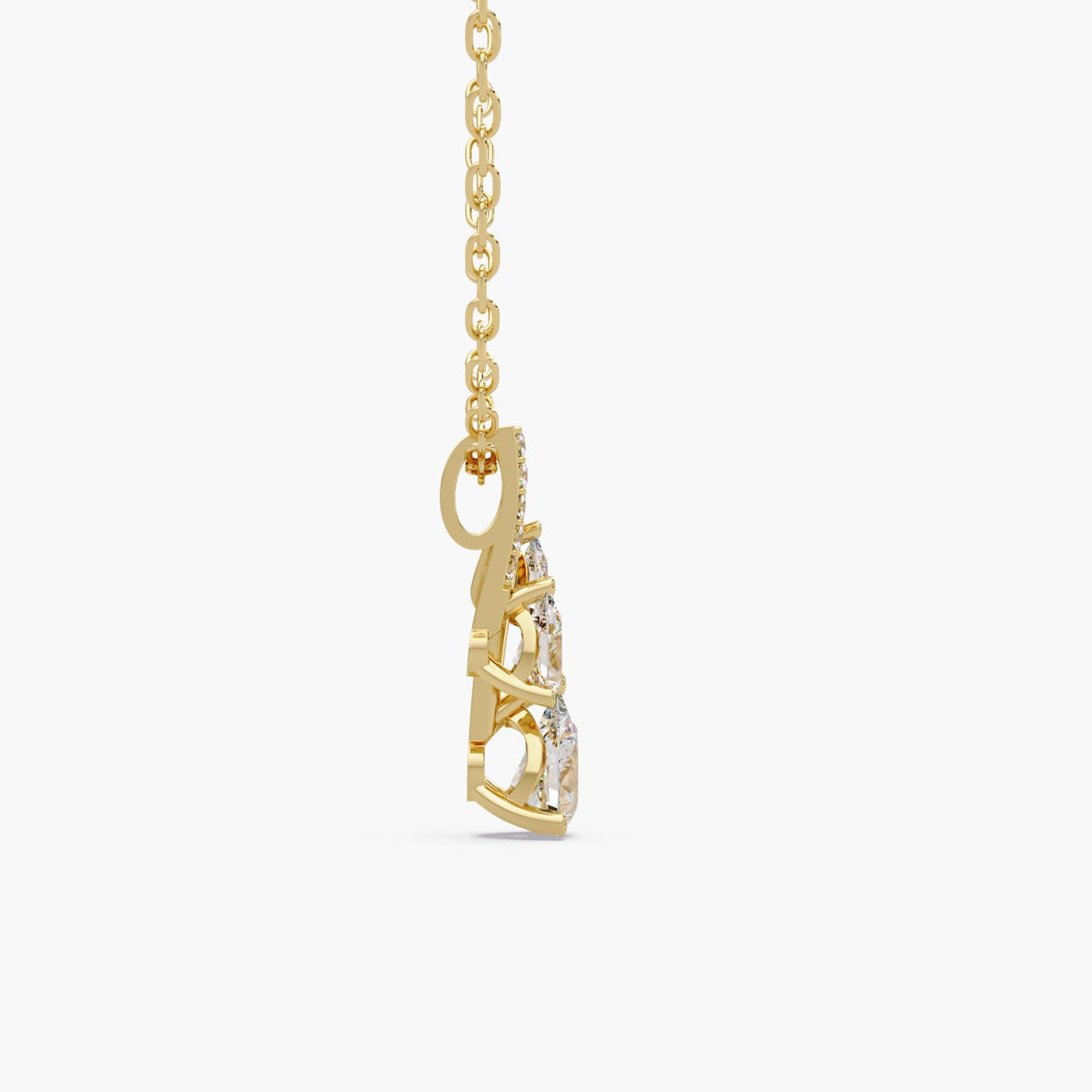 14K yellow gold triple pear lab-grown diamond drop necklace with three graduated pear diamonds and round pavé accents.